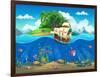 Undersea World with Island and Sailing Ship. Marine Life Landscape - the Ocean and the Underwater W-Nearbirds-Framed Art Print