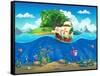 Undersea World with Island and Sailing Ship. Marine Life Landscape - the Ocean and the Underwater W-Nearbirds-Framed Stretched Canvas