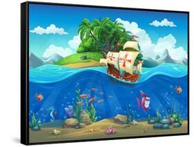 Undersea World with Island and Sailing Ship. Marine Life Landscape - the Ocean and the Underwater W-Nearbirds-Framed Stretched Canvas