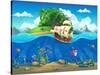 Undersea World with Island and Sailing Ship. Marine Life Landscape - the Ocean and the Underwater W-Nearbirds-Stretched Canvas