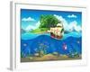 Undersea World with Island and Sailing Ship. Marine Life Landscape - the Ocean and the Underwater W-Nearbirds-Framed Art Print