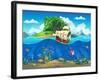 Undersea World with Island and Sailing Ship. Marine Life Landscape - the Ocean and the Underwater W-Nearbirds-Framed Art Print