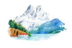 Natural Landscape Mountains and River Watercolor Illustration-undrey-Framed Art Print