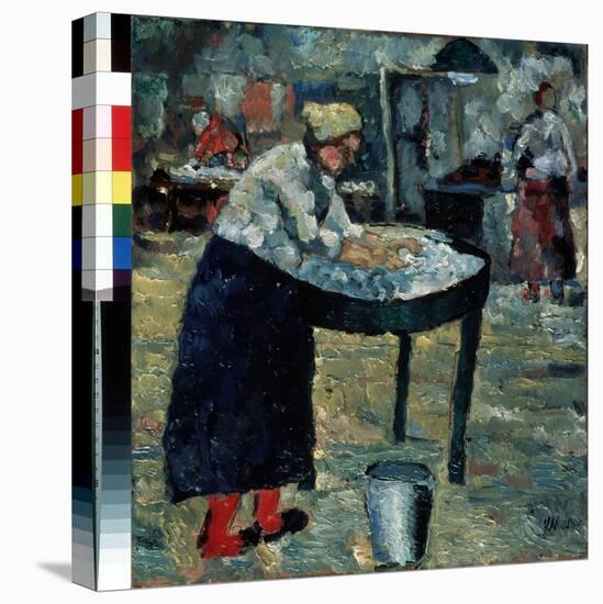 Une Blanchisseuse (A Laundress). Dans Une Cour, Une Femme Courbee Sur Un Bac Sureleve, Occupee a La-Kazimir Severinovich Malevich-Stretched Canvas