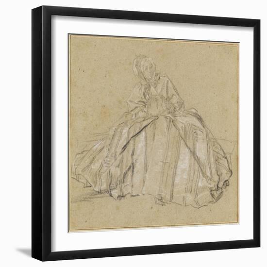 Une femme assise, vêtu d'un large vêtement rayé, les mains dans un manchon-Nicolas Lancret-Framed Giclee Print