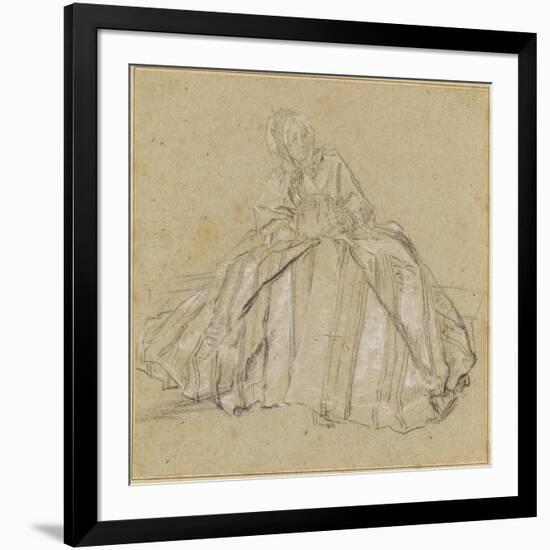 Une femme assise, vêtu d'un large vêtement rayé, les mains dans un manchon-Nicolas Lancret-Framed Giclee Print