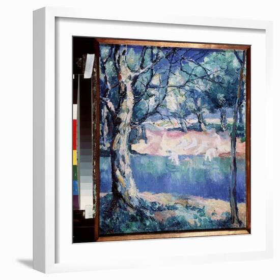 Une Riviere En Foret (A River in Forest). En Plein Ete, Avec Sur La Rive, Des Baigneurs Nus Esquiss-Kazimir Severinovich Malevich-Framed Giclee Print