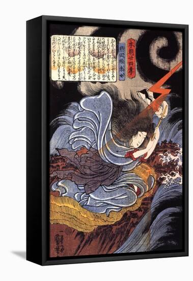 Uneme Is Exorcising the Monstrous Serpent from the Lake-Kuniyoshi Utagawa-Framed Stretched Canvas