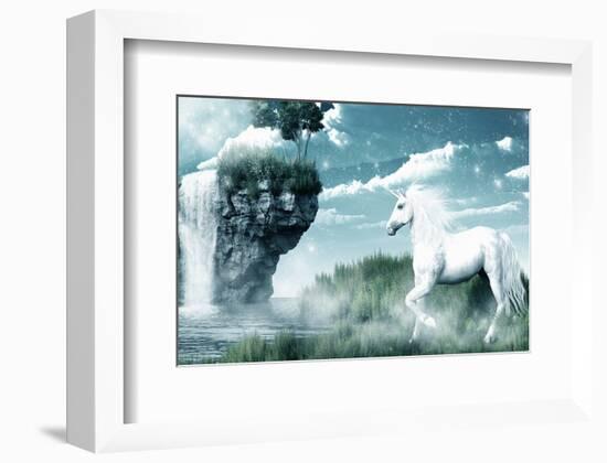 Unicorn and Misty Waterfall-null-Framed Art Print