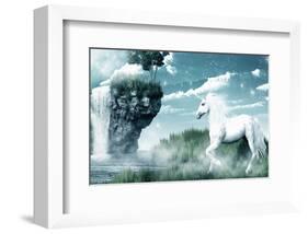 Unicorn and Misty Waterfall-null-Framed Art Print