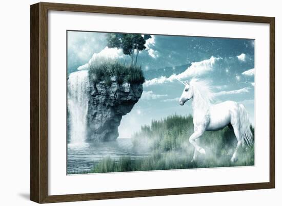 Unicorn and Misty Waterfall-null-Framed Art Print