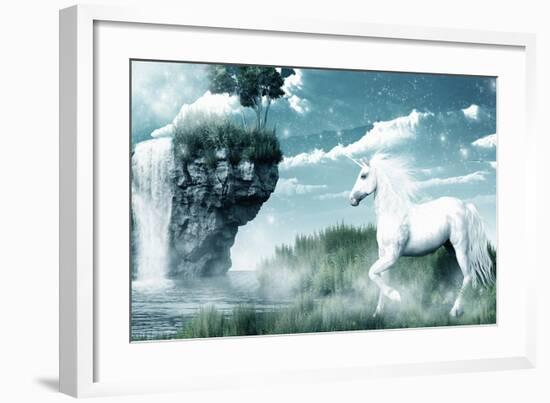 Unicorn and Misty Waterfall-null-Framed Art Print