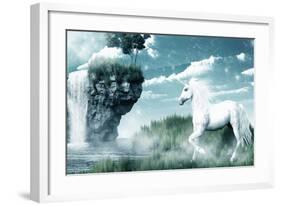 Unicorn and Misty Waterfall-null-Framed Art Print