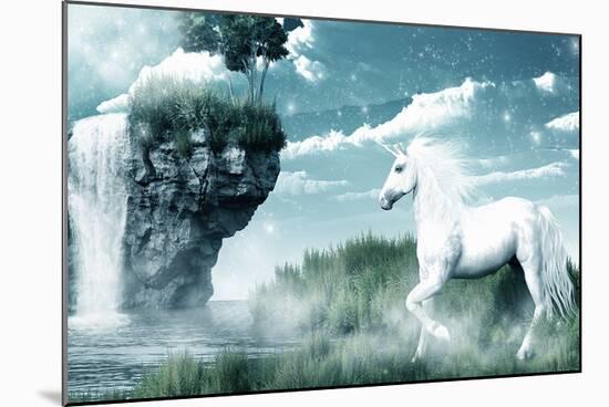 Unicorn and Misty Waterfall-null-Mounted Art Print