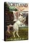 Unicorn and Rainbow - Portland, Oregon-Lantern Press-Stretched Canvas