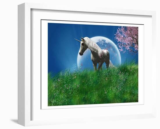 Unicorn in the Field with Moon-null-Framed Art Print