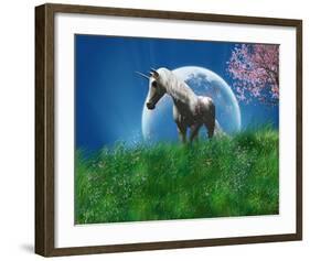 Unicorn in the Field with Moon-null-Framed Art Print