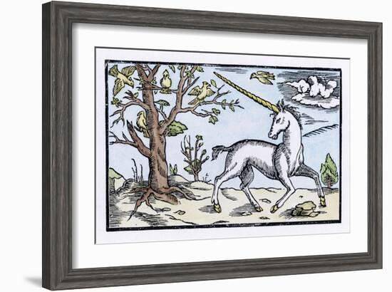 Unicorn Near a Tree with Birds in the Branches-null-Framed Art Print