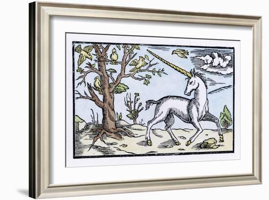 Unicorn Near a Tree with Birds in the Branches-null-Framed Art Print