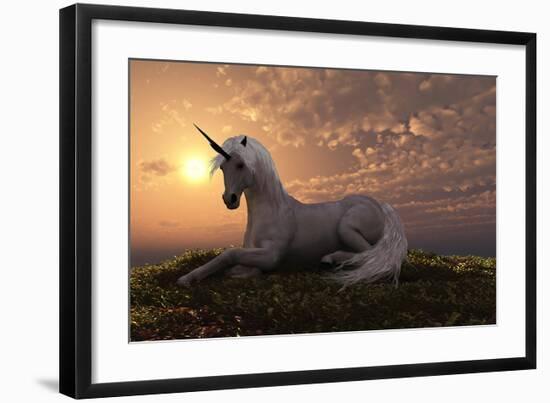 Unicorn on Hilly Sunset Knoll-null-Framed Art Print