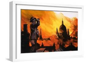 Unidentified Fiery Blitz Scene with Arp Warden in Foreground and St Paul's in Background-null-Framed Giclee Print