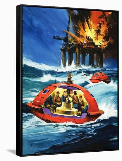 Unidentified Liferaft Escaping Explosion on Oil Rig-Wilf Hardy-Framed Stretched Canvas