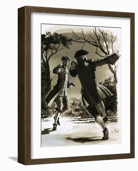 Unidentified Men Duelling with Swords in Moonlight-John Millar Watt-Framed Giclee Print