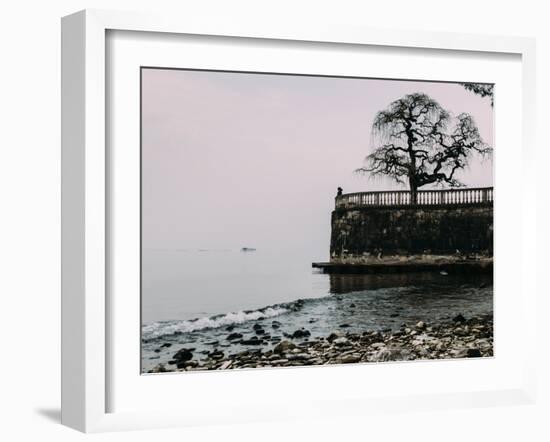 Unidentified woman looking at Lake Maggiore on a cold winter's day, Piedmont, Italian Lakes, Italy,-Alexandre Rotenberg-Framed Photographic Print