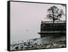 Unidentified woman looking at Lake Maggiore on a cold winter's day, Piedmont, Italian Lakes, Italy,-Alexandre Rotenberg-Framed Stretched Canvas