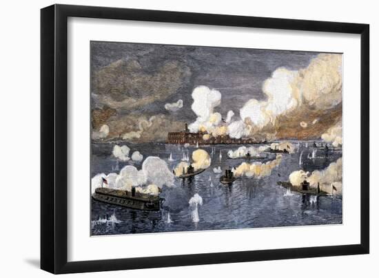 Union Fleet Bombarding Fort Sumter to Retake Charleston Harbor from the Confederates, c.1863-null-Framed Giclee Print