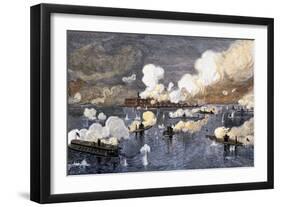 Union Fleet Bombarding Fort Sumter to Retake Charleston Harbor from the Confederates, c.1863-null-Framed Giclee Print