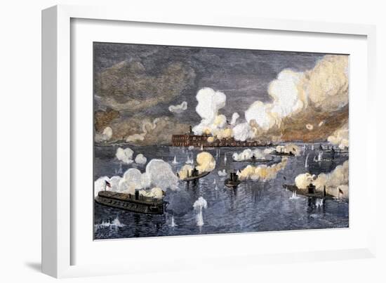 Union Fleet Bombarding Fort Sumter to Retake Charleston Harbor from the Confederates, c.1863-null-Framed Giclee Print