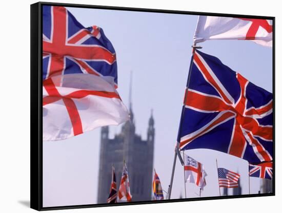 Union Jack and Other Flags, London, England-Walter Bibikow-Framed Stretched Canvas