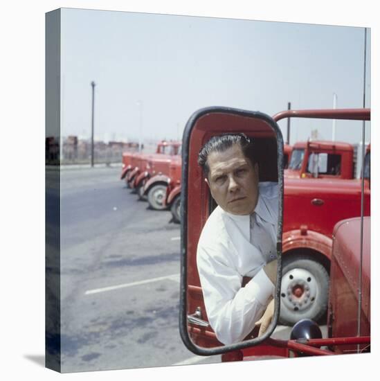 Union President Jimmy Hoffa's Image Reflected in Rear View Mirror in Red Truck-Hank Walker-Stretched Canvas