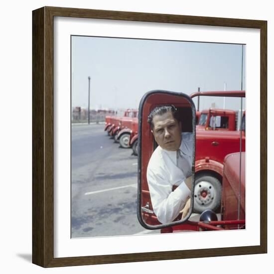 Union President Jimmy Hoffa's Image Reflected in Rear View Mirror in Red Truck-Hank Walker-Framed Premium Photographic Print