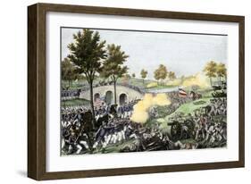 Union Troops Battling Their Way across Burnside Bridge in the Battle of Antietam-null-Framed Giclee Print