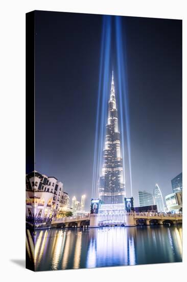 United Arab Emirates, Dubai. Burj Khalifa at Dusk, with Light Show-Matteo Colombo-Stretched Canvas