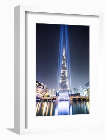 United Arab Emirates, Dubai. Burj Khalifa at Dusk, with Light Show-Matteo Colombo-Framed Photographic Print