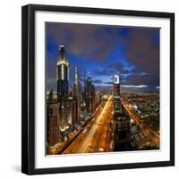 United Arab Emirates (UAE), Dubai, Sheikh Zayed Road Looking Towards the Burj Kalifa at Night-Gavin Hellier-Framed Photographic Print