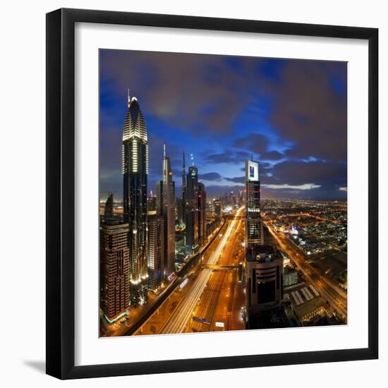 United Arab Emirates (UAE), Dubai, Sheikh Zayed Road Looking Towards the Burj Kalifa at Night-Gavin Hellier-Framed Photographic Print