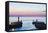 United Kingdom, England, North Yorkshire, Whitby. the Piers at Dusk.-Nick Ledger-Framed Stretched Canvas