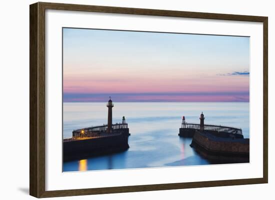 United Kingdom, England, North Yorkshire, Whitby. the Piers at Dusk.-Nick Ledger-Framed Photographic Print