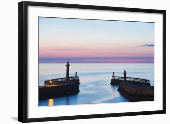 United Kingdom, England, North Yorkshire, Whitby. the Piers at Dusk.-Nick Ledger-Framed Photographic Print