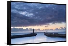 United Kingdom, England, North Yorkshire, Whitby. the Piers at Dusk.-Nick Ledger-Framed Stretched Canvas