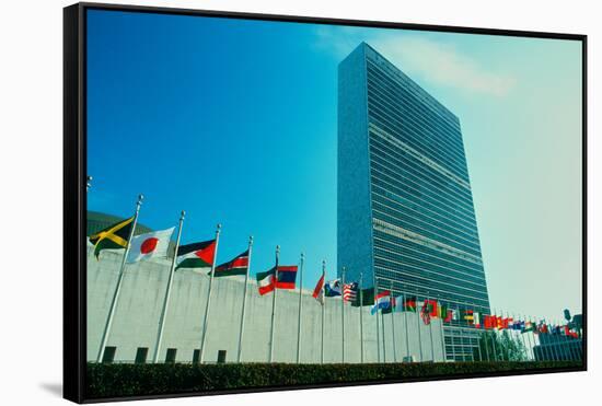 United Nations Building with flags in New York City, New York-null-Framed Stretched Canvas