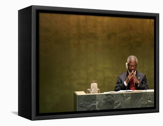 United Nations Secretary General Kofi Annan Listens to Statements Made by Members-Julie Jacobson-Framed Stretched Canvas