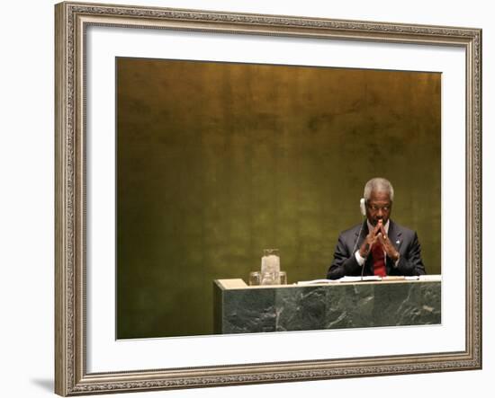 United Nations Secretary General Kofi Annan Listens to Statements Made by Members-Julie Jacobson-Framed Photographic Print