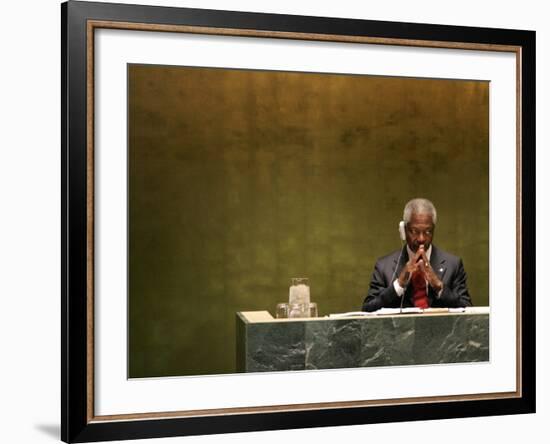 United Nations Secretary General Kofi Annan Listens to Statements Made by Members-Julie Jacobson-Framed Photographic Print