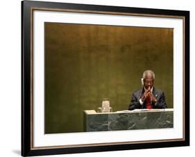 United Nations Secretary General Kofi Annan Listens to Statements Made by Members-Julie Jacobson-Framed Photographic Print