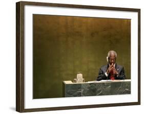 United Nations Secretary General Kofi Annan Listens to Statements Made by Members-Julie Jacobson-Framed Photographic Print